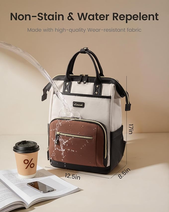 LOVEVOOK Laptop Backpack for Women with Giant Tumbler Holder,17 inch Professional Nurse Teacher Backpack Computer Laptop Bag,Cute Waterproof Travel Backpack Purse Work College Bag, Beige-Black-Brown