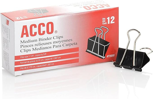 ACCO Binder Clips, Medium, 1 Case, 10 Packs/Case, 2 Boxes/Pack, 12 Clips/Box (A7072062CS)