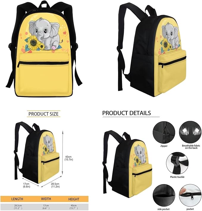 Sunflower Elephant Backpack for Girls 6-8 10-12 4 in 1 Kids School Bag with Lunch Box Pencil Purse Children Schoolbag Elementary Kindergarten Preschool Bookbag Travel Rucksack Daypacks