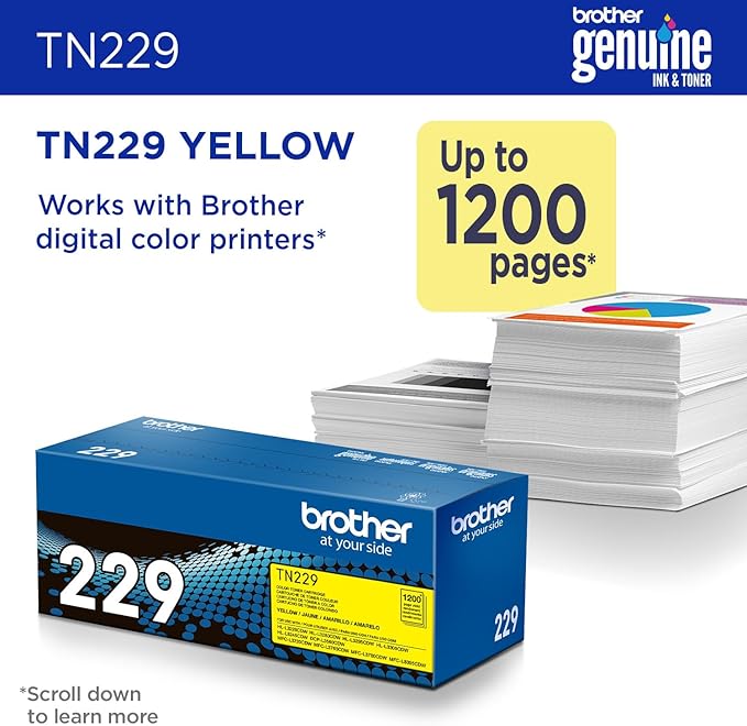 Brother Genuine TN229Y Yellow Standard Yield Printer Toner Cartridge - Print up to 1,200 Pages(1)