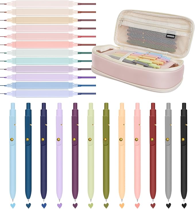 25PCS Aesthetic School Supplies with Big Capacity Pen Case, 12pcs Bible Highlighters & 12pcs Colored Pens Set, No Bleed Pastel Highlighters Assorted Colors Pens for Bible Study Supplies (Multicolor)