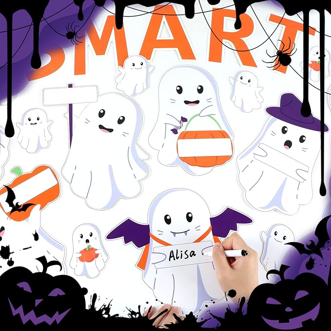 gisgfim Halloween Bulletin Board Decoration Set Halloween Cute Ghost Name Tag Paper Cutouts Ghost Classroom Bulletin Board Decor for Holiday School Home Wall(We are So Smart It is Spooky)