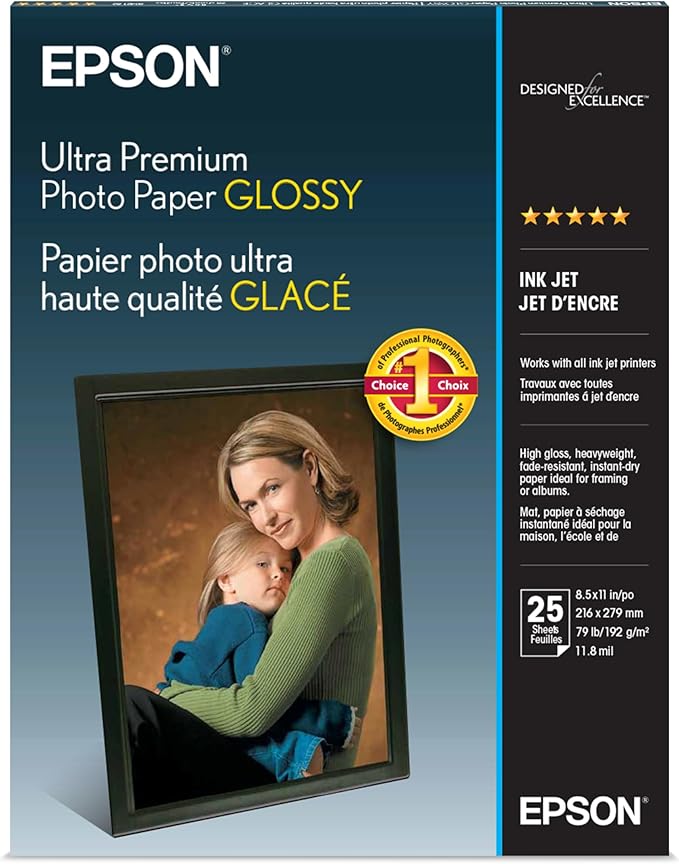 Epson Ultra Premium Photo Paper Glossy, Letter, 8.5 x 11, 25 Sheets (S042182), White