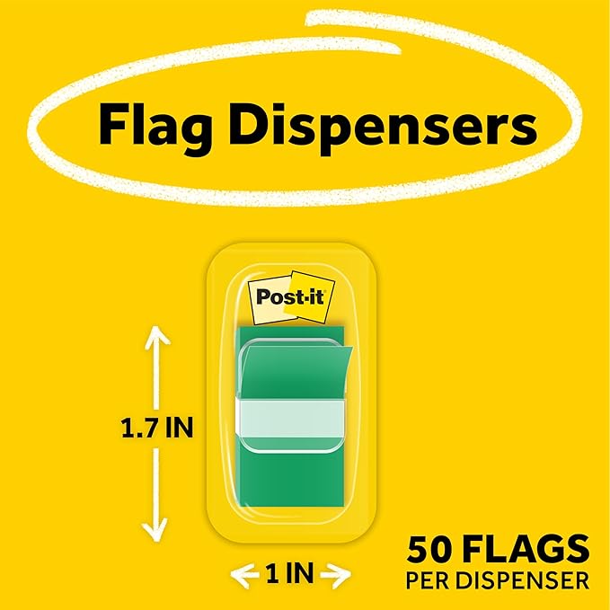 Post-it Flags, 50/Dispenser, 2 Dispensers/Pack, 1 in Wide, Green (680-GN2)