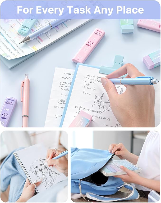 Four Candies Mechanical Pencil Set - 0.9 mm (Bold Point), 6PCS Cute Pencils Mechanical with 360PCS (HB & 2B) Lead Refills & 12PCS Erasers & 1PCS Storage Case, Pastel Aesthetic Lead Pencils for School