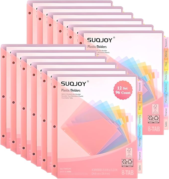 8-Tab Dividers for 3 Ring Binder, 96 Count Binder Dividers with Pockets, Subject Dividers, 3-Hole Plastics Sheets Protectors for US Letter Size in 0.5", 1",2" Binders, 8 Pastel Colors, 12 Packs
