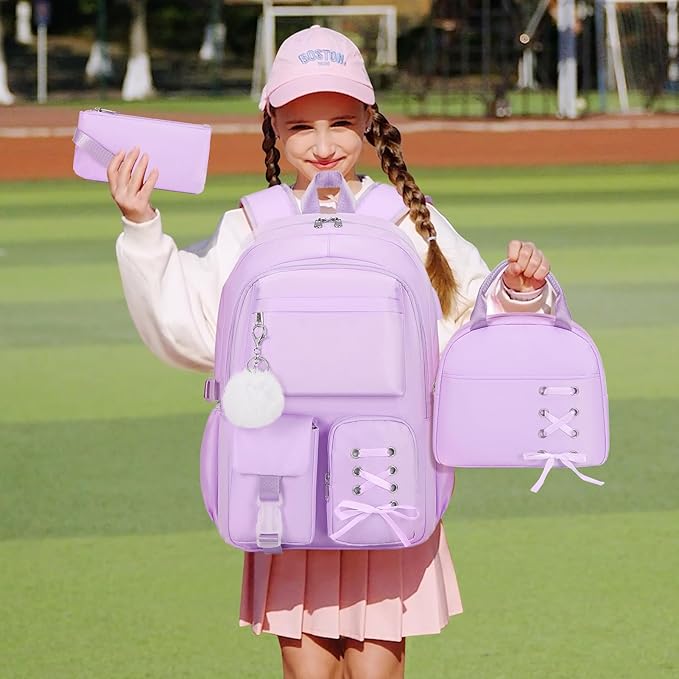 Backpacks for Girls, Girls Backpack with Lunch Box & Pencil Pouch for Teens Girl Kids Elementary Middle High School College Student Bookbag Daypack Laptop Travel Backpack for Women (Purple)