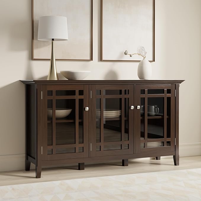 SIMPLIHOME Bedford Storage Cabinet - 62 inch Wide Solid Wood Sideboard Cabinet in Dark Tobacco Brown, Transitional Buffet for Living Room, Dining Room, or Entryway with Glass Doors and Shelves