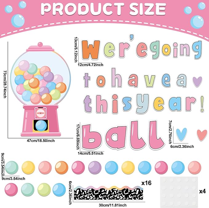 Gumball Machine Bulletin Board Decorations Set Pastel Bubble Gumballs Motivational Cutout with Composition Notebook Borders for Back to School Welcome Candy Theme Classroom Learning Activities Decor