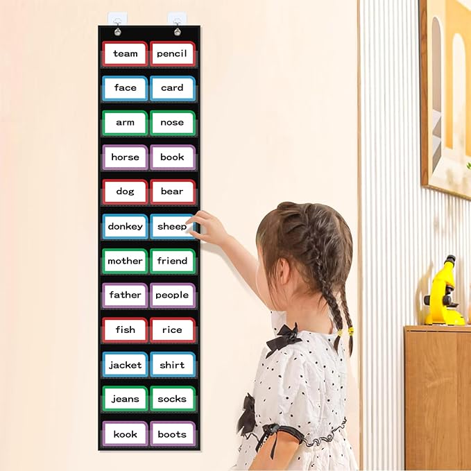 10”W x 48.25”H Classroom Words Pocket Chart with 12 Clear Pockets, Black Standard Pocket Chart for Classroom and Home for Sentence Strips, Reusable Words Hanging Pocket Chart (Black)