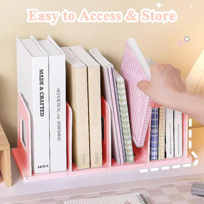 SAYEEC Desk File Sorter Vertical Desktop File Folder Organizer 4 Section Plastic Book Holder Adjustable Shelf Dividers Closet Purse Handbag Mail Binder Organizer Magazine Rack Stand Bookshelf (Pink)