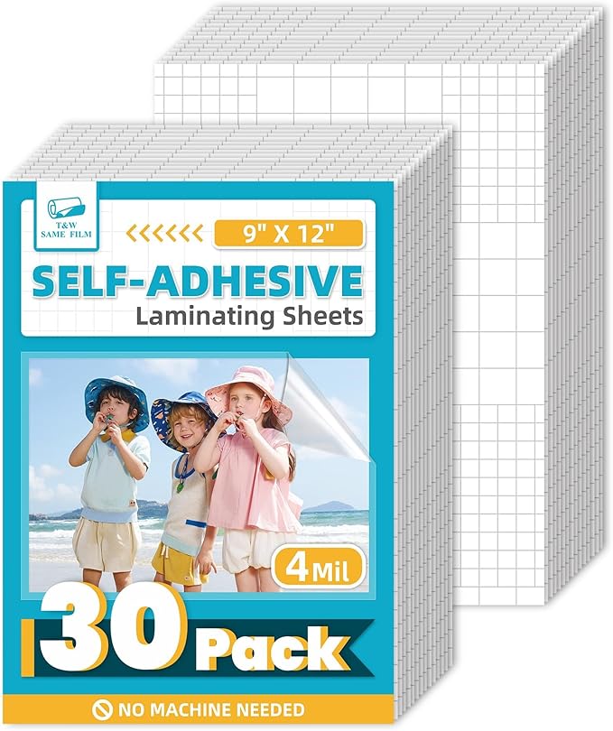 T&W SAME FILM 30 Pack Self Adhesive Laminating Sheets, 4mil, Holds 8.5 x 11 Inch Laminate Paper, 9 x 12 Inch Lamination Sheets, Letter Size, Thermal Laminating Sheets, Self Sealing