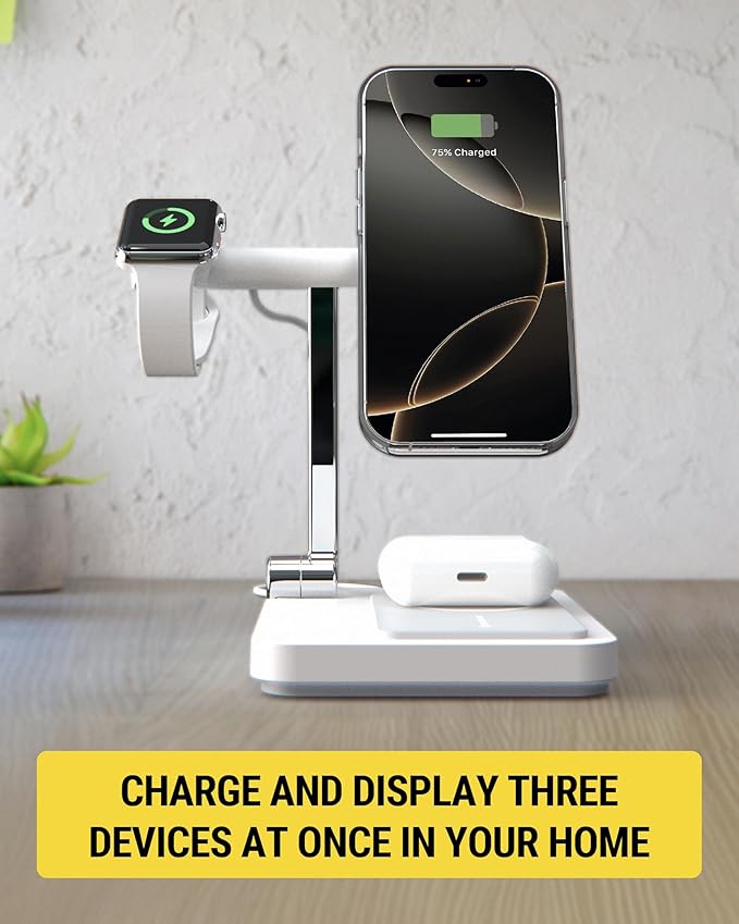Scosche MSQSPBWT Wireless Charging Station with Removable 5,000mAh Fast USB-C Portable Power Bank for MagSafe iPhone 16/15/14/13/12/AirPods Pro with Apple Watch Charger Stand (Watch Charger Not Incl.)