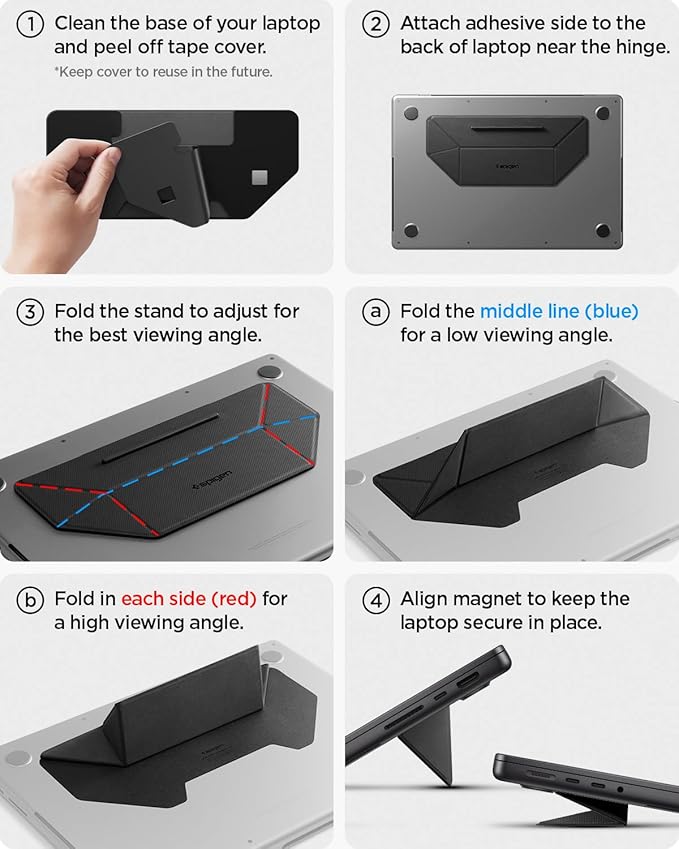 Spigen Slim Fold Adhesive Laptop Stand Foldable Portable Dual Ergonomic Angle Adjustment Lift Anti-Slip Compatible with MacBook Pro, MacBook Air 11"-16" and More - Black (LD201-S3)