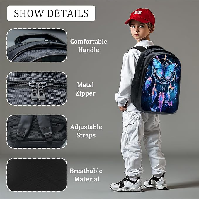 Butterfly Backpack Set 3 Piece School Bags and Lunch Box with Pencil Case Blue Butterfly Dream Catcher Bookbag Set for Toddler Kids Girls Boys Teens Kindergarten Elementary Middle