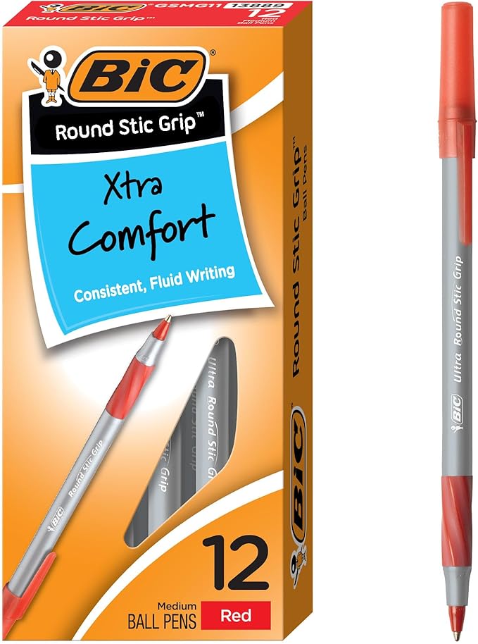 BIC Round Stic Grip Xtra Comfort Red Ballpoint Pens, Medium Point (1.2mm), 12-Count Pack, Excellent Writing Pens With Soft Grip for Superb Comfort and Control