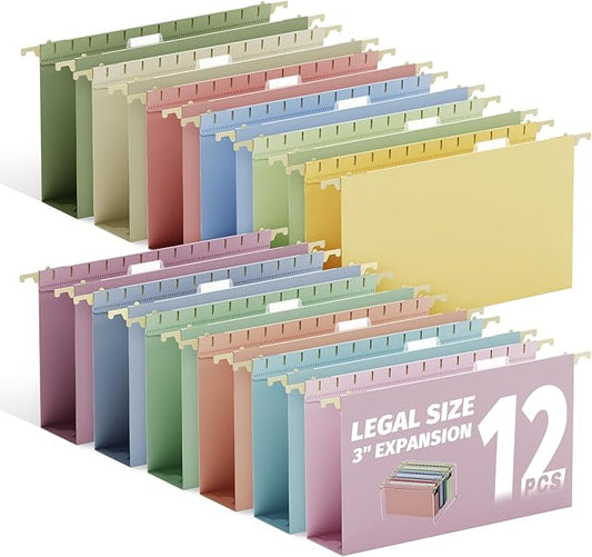 Ansook Legal Size Hanging File Folders with Tabs Extra Capacity,Heav Duty 3" Expansion Plastic Hanging Folders for Filing Cabinet,Assorted Colors,12 Pack Office School Expandable File Folder Organizer