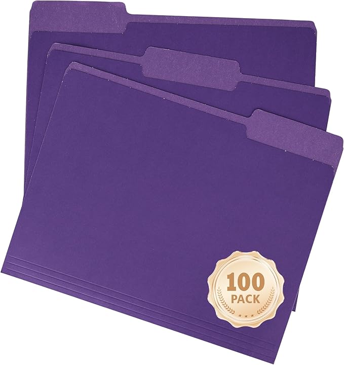 100 Pack Purple File Folders 8.5x11 Inch,Colored File Folder 1/3 Cut Tab File Folders Letter Size,Office Folders for Document