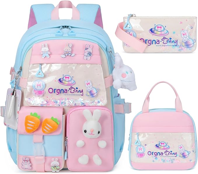Backpack for Girls Cute Bookbag Set with Lunch Box Pencil Case Kawaii Bunny School Backpacks for Girl 3 Pcs Kindergarten Elementary Preschool Middle Sequin School Bag for Girls (Bluepink)