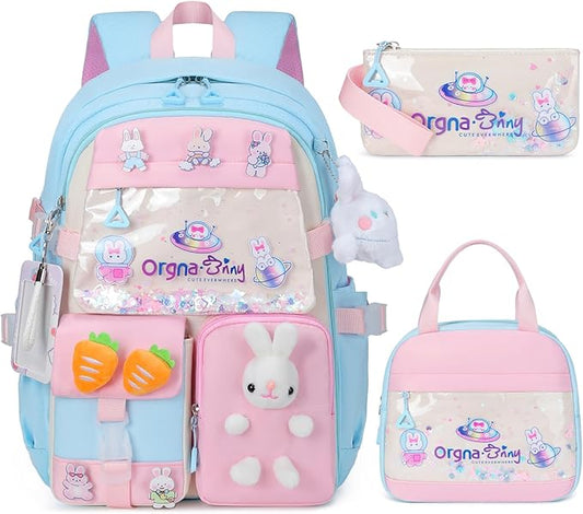 Backpack for Girls Cute Bookbag Set with Lunch Box Pencil Case Kawaii Bunny School Backpacks for Girl 3 Pcs Kindergarten Elementary Preschool Middle Sequin School Bag for Girls (Bluepink)