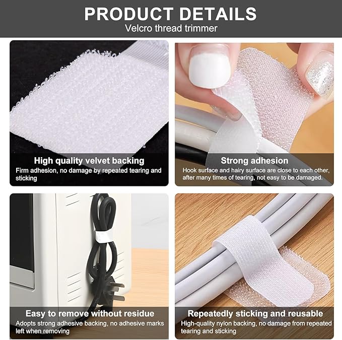 20-Pack Large Reusable Self-Adhesive Cable Ties cable management Adjustable Hook & Loop Straps for Organizing Data Cables, Wires, Headphones Under-Table Cord Management for Home, Office