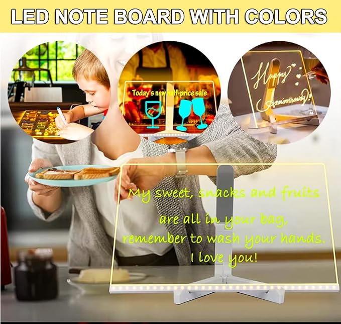 2 Set LED Note Board with Colors, Glowing Acrylic Dry Erase Board, 11.8 x 7.87 and 5.9 x 5.9 Two Sizes Illuminating Dry Erase Board with Stand, for Study, Work and Personal Creative Use