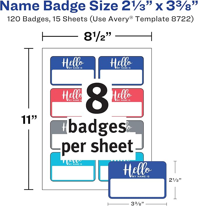 Avery Flexible Name Tags, Hello My Name is, 2-1/3" x 3-3/8", White, Assorted Colored Border, Removable Adhesive, Laser/Inkjet Printable, 120 Total (8722)