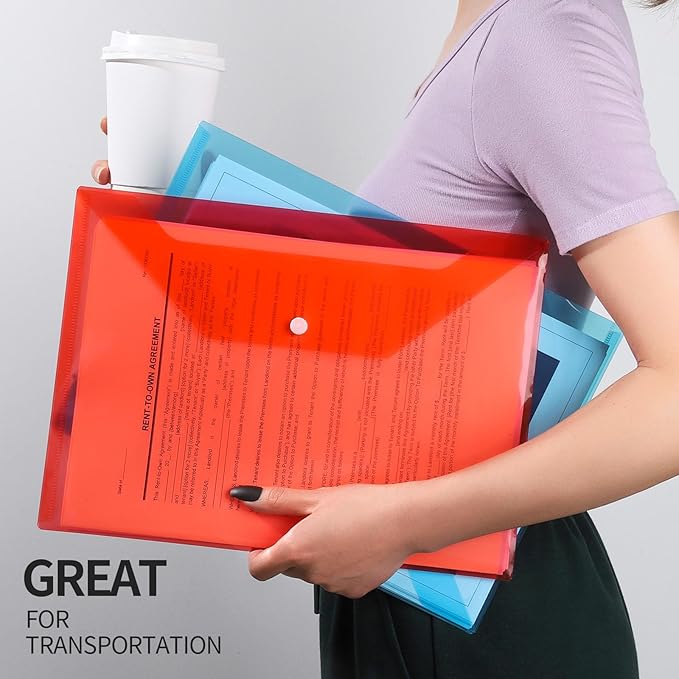 LEOBRO Plastic File Folders for Documents, 4 PCS File Folders, A4 Size Plastic Envelopes with Snap Closure, Clear Envelopes Pouches Folder Organizer Document Holder, Filing Envelopes