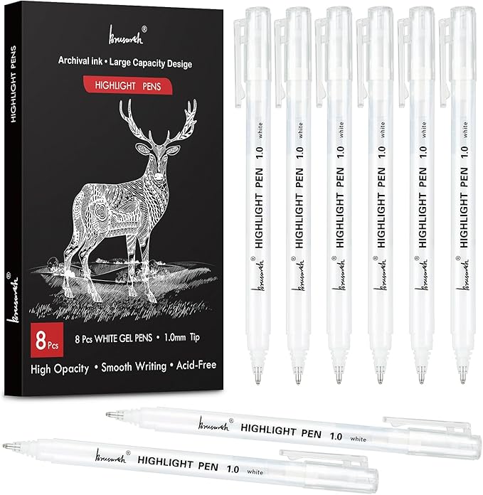 White Gel Pens,8 Pack, 1mm Fine Point Opaque White Archival Ink Pens,Gel Ink Pen Set,for Black Paper Drawing,Card Making, Art Highlight & Artists Drawing