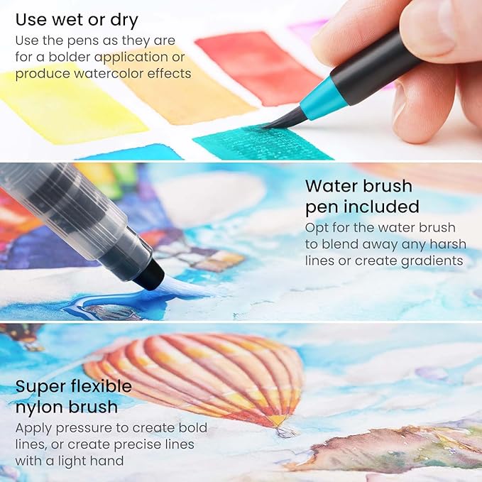 ARTEZA Real Brush Pens, Set of 12, Bright Tones, Blendable Watercolor Markers and 1 Water Brush, Art Supplies for School, Home, and Office