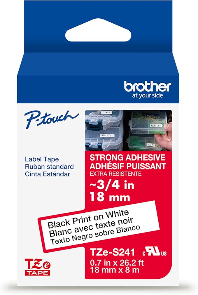 Brother Genuine P-Touch TZE-S241 Tape, 3/4" (0.7") Wide Extra-Strength Adhesive Laminated Tape, Black on White, Laminated for Indoor or Outdoor Use, Water-Resistant, 0.7" x 26.2' (18mm x 8M), TZES241