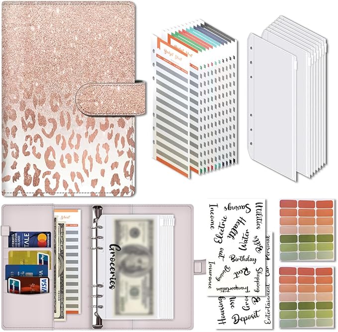 Budget Binder, Cute A6 Money Saving Binder with Zipper Envelopes, PU Leather Money Organizer for Cash, Expense Budget Sheets and Cash Envelopes for Budgeting Luxury Glitter Leopard