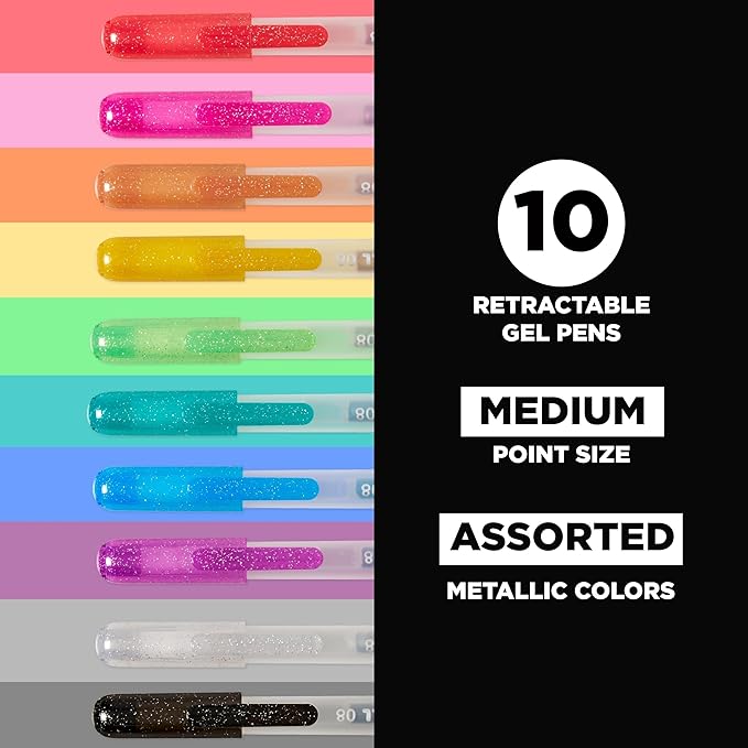 SAKURA Gelly Roll Retractable Gel Pens Colored - Metallic Gel & Medium Point - For Journaling, Art, or Drawing - With Assorted Colored Ink - 10 Pens