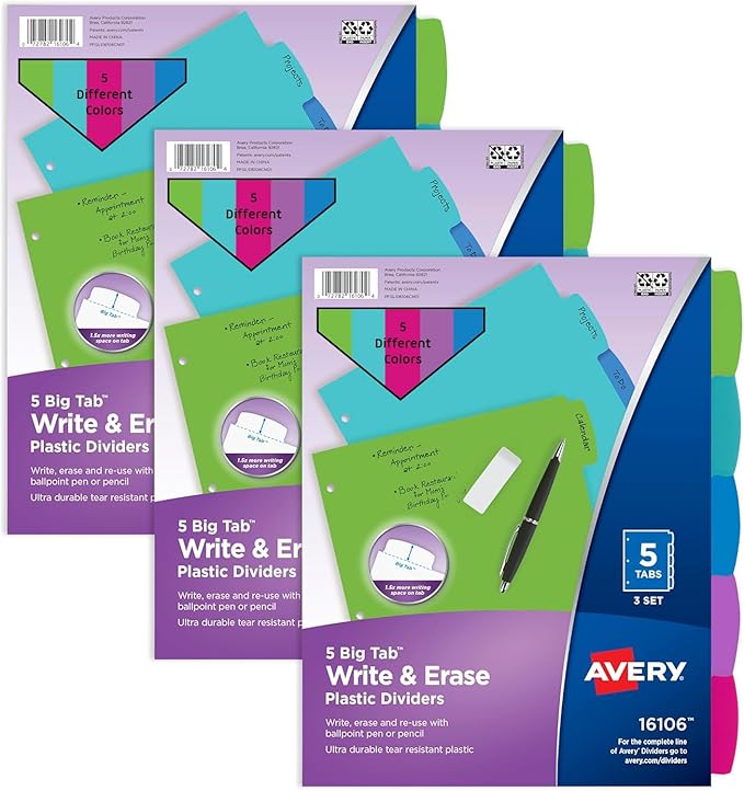 Avery Write & Erase 5 Tabs Pastel Plastic Divider for 3 Ring Binders, 3 Sets (5 Colors)