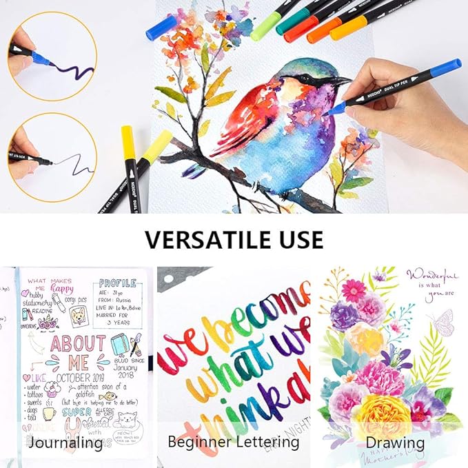 Nicecho Art Markers Dual Brush Pens for Coloring, 60 Artist Colored Marker Set, Fine and Brush Tip Pen Art Supplier for Adult Coloring Books, Bullet Journaling, Drawing