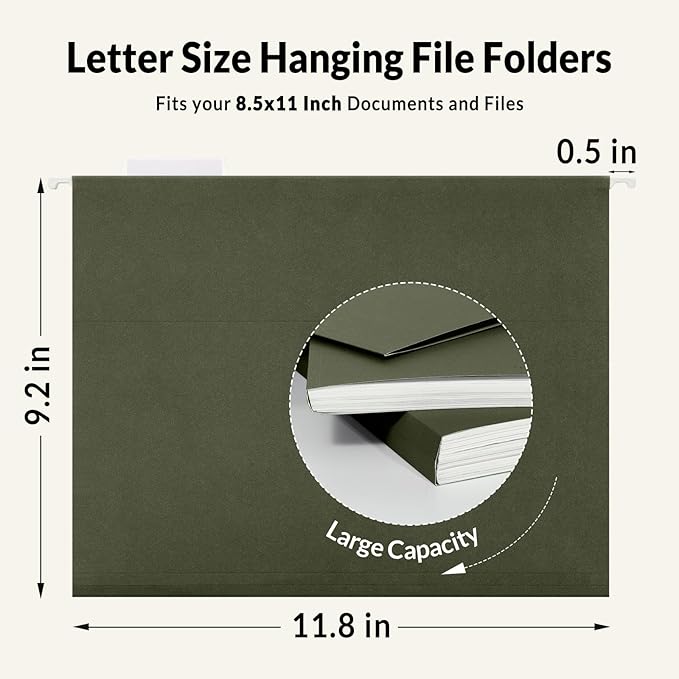 SUNEE Hanging File Folders, 100 Pack Reinforced Hang Folders Letter Size, Adjustable 1/5-Cut Tabs, Designed for Bulky Files, Filing Cabinet, Standard Green