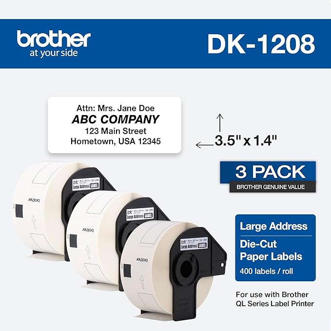 Brother Genuine DK-1208 Die-Cut Large Address Labels, Long Lasting Reliability, Die-Cut Large Address Paper Labels, 400 Labels per Roll, (1) Roll per Box - DK1208, White (DK12083PK)