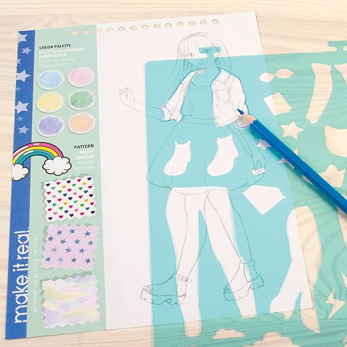 Make It Real Fashion Design Sketchbook for Girls - Digital Dream Kit with 110 Stickers, Stencils, Design Guide - Emoji & Food Inspired Fashion, Creative Gift Kids Ages 6+, Develops Real-World Skills