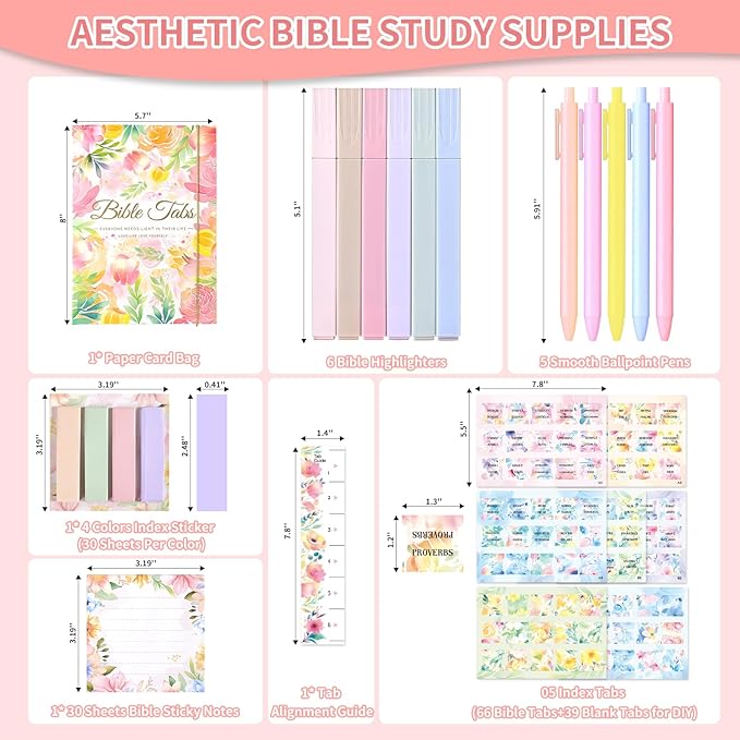 Bible Study Supplies Journaling Kit for Women, Bible Study Kit with 11 No Bleed Highlighters and Pens, 1 Sticky Notes of 30 Pages, 1 Index Stickers of 4 Colors, 105 Tabs for Christian Gifts