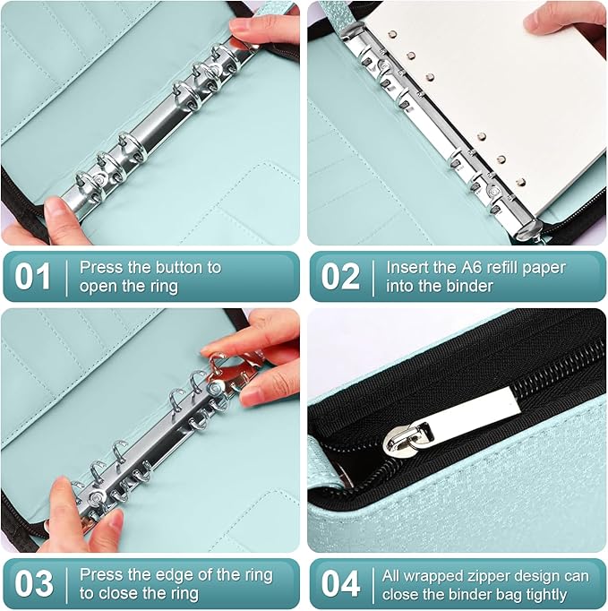 Toplive A6 Budget Binder with Zipper, 6 Ring Refillable Planner Binder Cover for A6 Cash Budget System, PU Leather Personal Organizer Personal Wallet, Glitter Blue