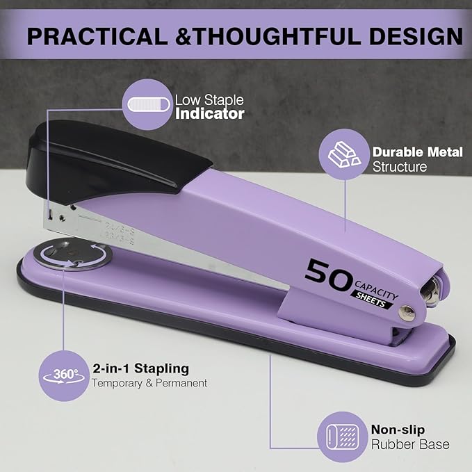 Metal Heavy Duty Stapler, 50 Sheet Capacity Stapler with 2000 Staples and Staple Remover, No Jam, Non-Slip Stapler for Desk, Purple Office Supplies for Teacher, Office Clerks