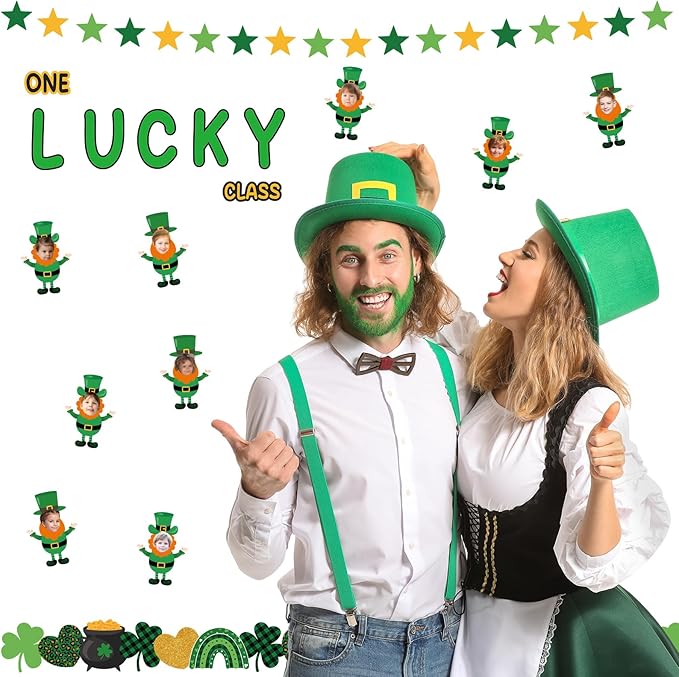 108 Pcs St. Patrick's Day Bulletin Board Sets One Lucky Class St. Patrick's Day Leprechaun Classroom Bulletin Board for Irish Holiday Party Supplies Home Classroom Chalkboard Wall Door Decor