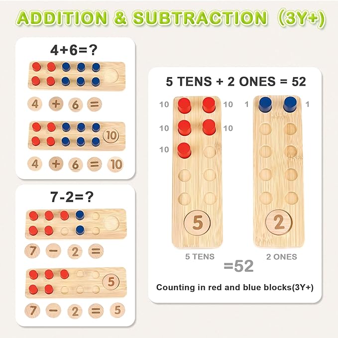 DINORUN Montessori Toys for 3 4 5 Year Old Boy Girl Birthday Gifts - Wooden Counting Peg Board for Kids 3-5, Math and Numbers Manipulatives Materials for Preschool Learning Activities