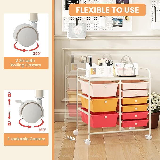 COSTWAY Rolling Storage Cart with 9 Drawer, Mobile Utility Cart with Metal Frame, Art Supply Craft Organizer, Multipurpose Storage Organizer for Paper, Office, School Teacher, Classroom, Macaron
