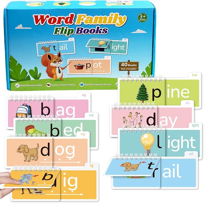 Word Family Build Book, 40 Read and Rhyme Flip Activity Book, Learn to Read Phonics Flash Cards, Sight Words Reading Games for Kids Ages 4-8 Kindergarten 1st 2nd 3rd Homeschool Educational