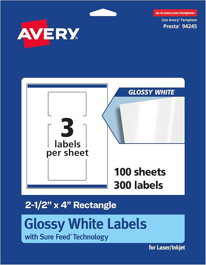 Avery Glossy White Rectangle Labels, Sure Feed Technology, 2.5" x 4", 300 Glossy White Labels, Print-to-The-Edge, Permanent Adhesive, Laser/Inkjet Printable