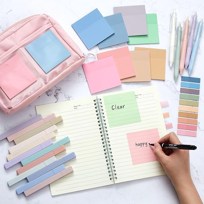 Jutom 39 Pcs Aesthetic Book Annotation Kit Highlighter with Pencil Case Bag Gel Pen Transparent Sticky Note Taking Bible Study College School Supplies(Pink,Kawaii Style)