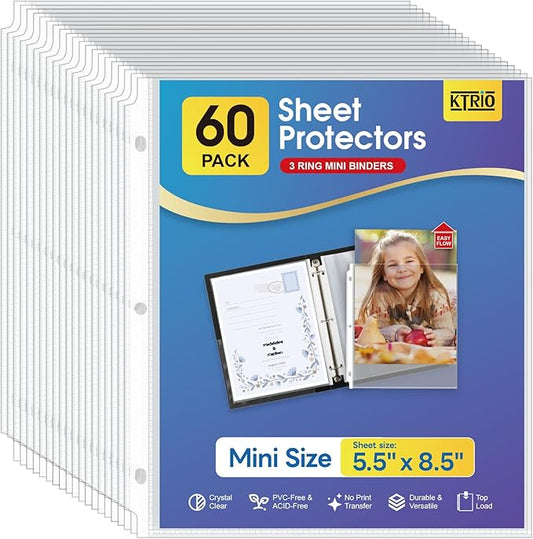KTRIO Heavyweight Sheet Protectors 5.5 x 8.5 inch, Clear Page Protector for Mini 3 Ring Binder, Plastic Sleeves for Binders, Top Loading Paper Sheets Sleeve Letter Size, Office & Home, 60 Pack
