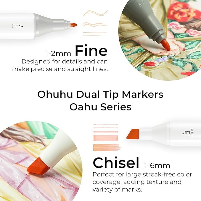 Ohuhu Alcohol Markers 36 Skin-Tone Portrait Colors: AP Certificated Double Tipped Skin Color Marker Set for Artists Adults Coloring Illustration - Oahu of Ohuhu Markers Chisel and Fine - Refillable