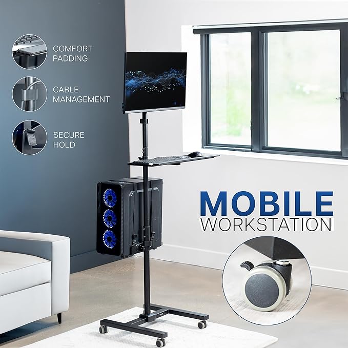 VIVO Mobile Computer Cart with Monitor Mount for up to 32” Screens, Rolling PC Desk Workstation, Full Keyboard Tray, Adjustable CPU Holder, Black, CART-PC02T